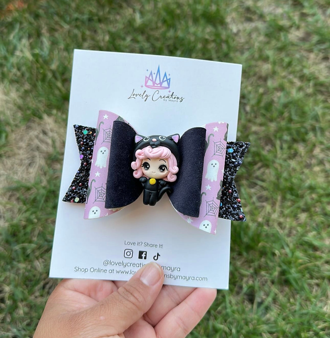 Faux Leather Hair Bow | Cute Cat Hair Bow w/Clay Center
