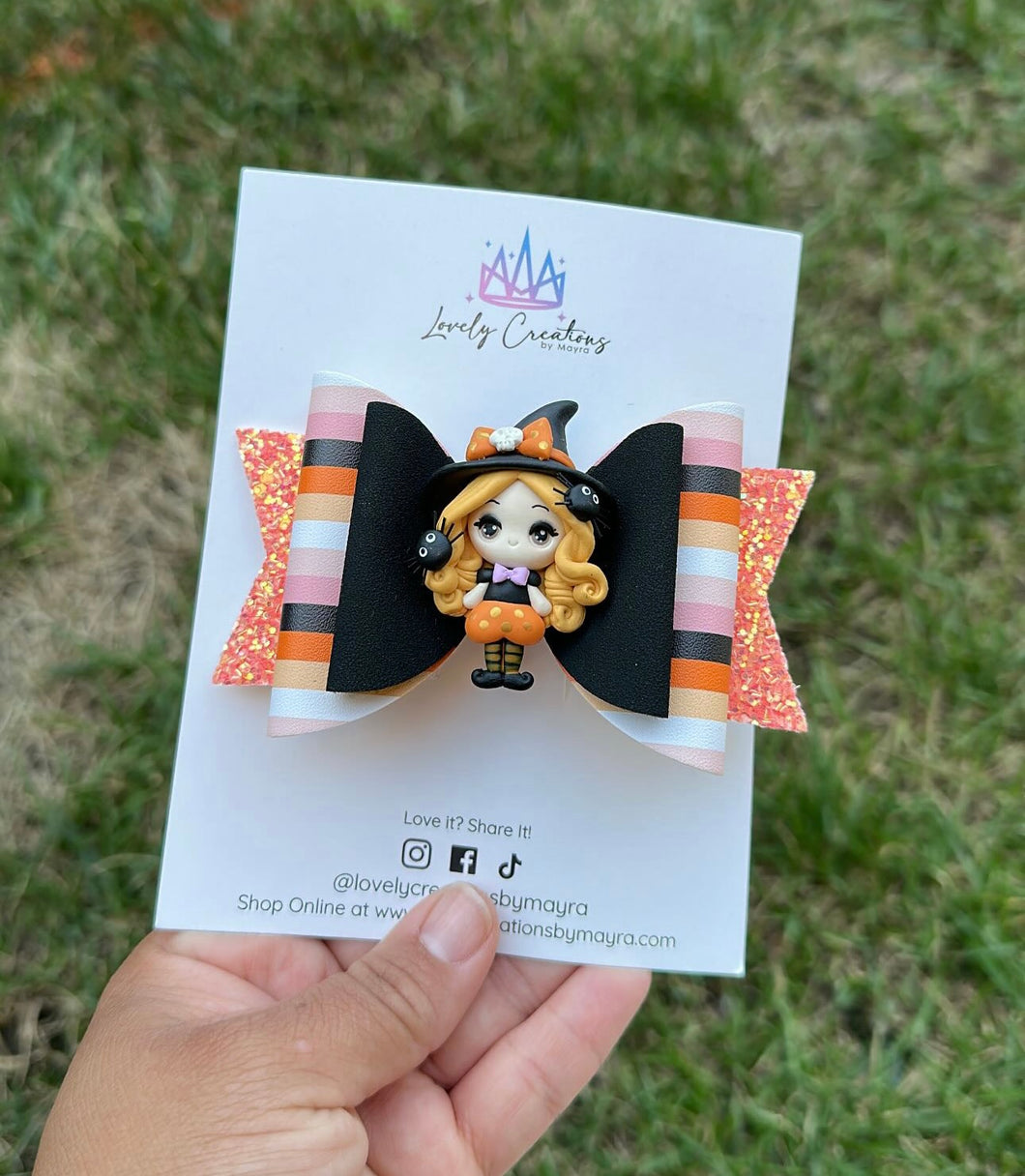 Faux Leather Hair Bow | Cute Witch Hair Bow w/Clay Center