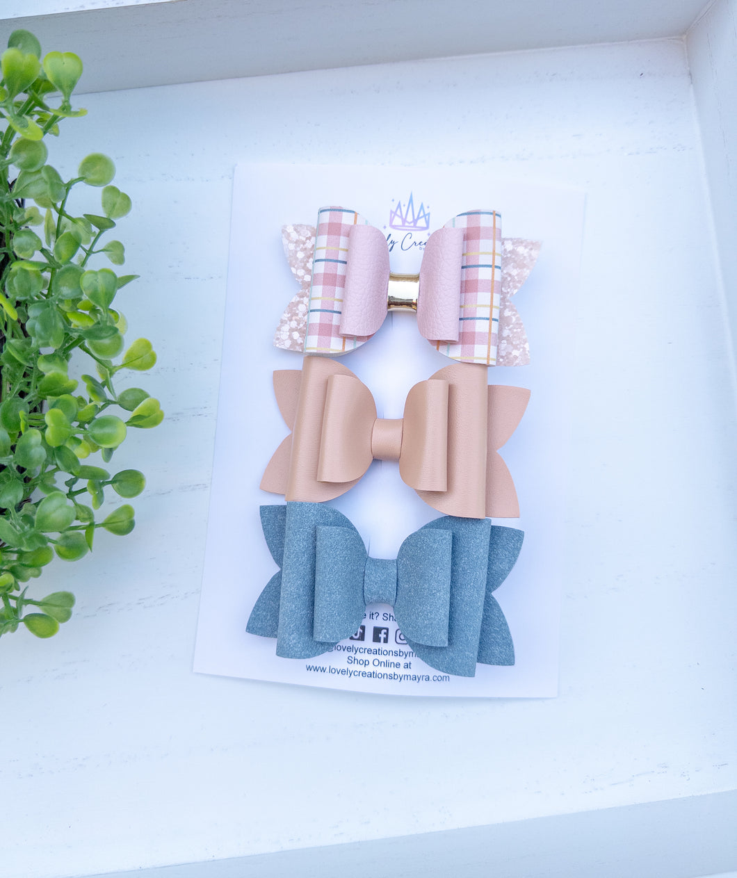 Faux Leather Beauty Bows | Cute Plaid Blues/Pink Medium Set of 3