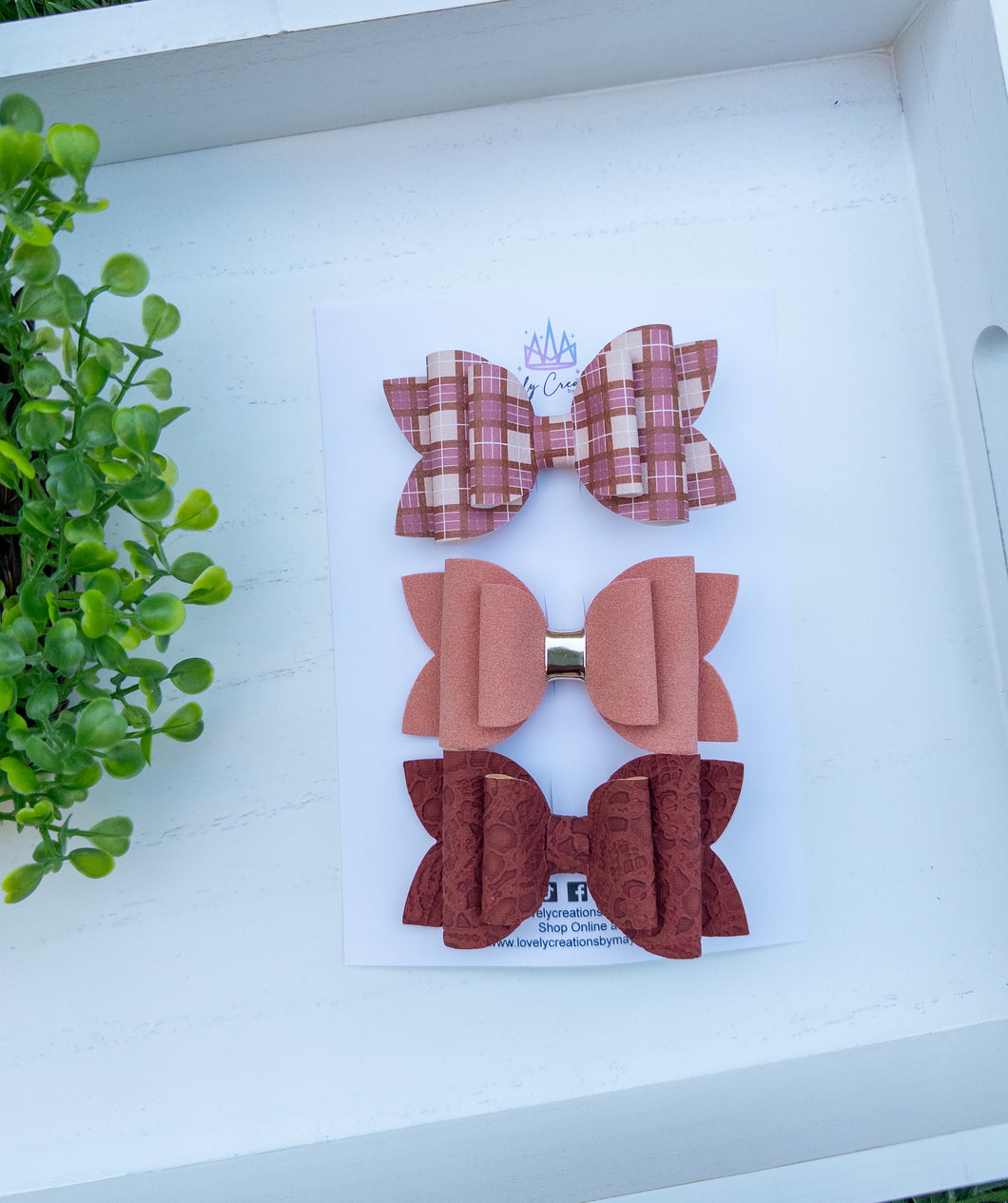 Faux Leather Beauty Bows | Plaid with Mauve/Rustic Red Medium Set of 3