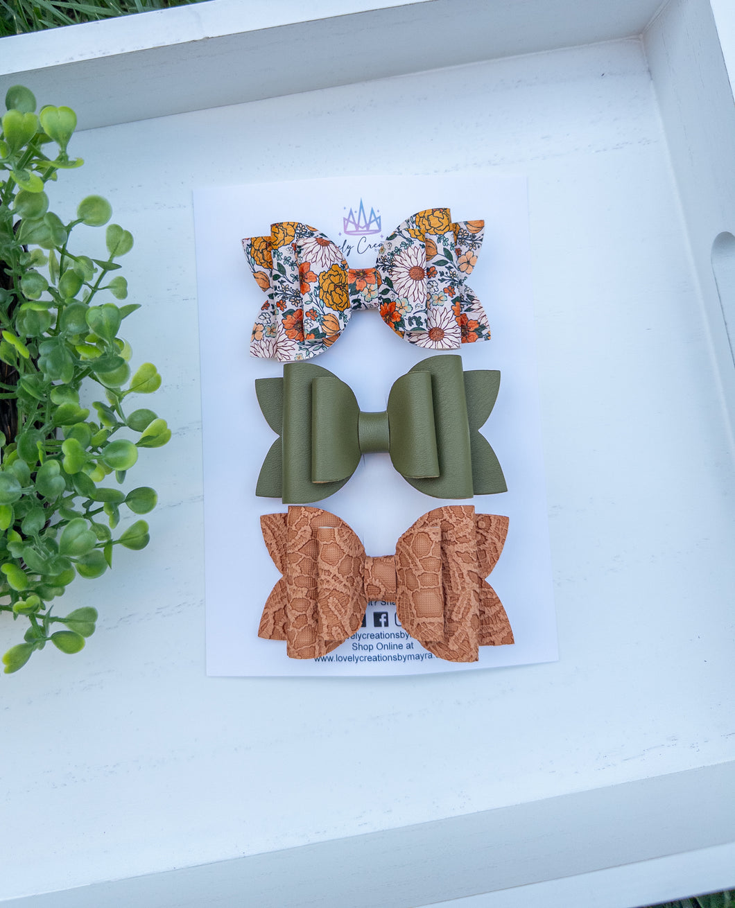 Faux Leather Beauty Bows | Fall Floral Medium Set of 3