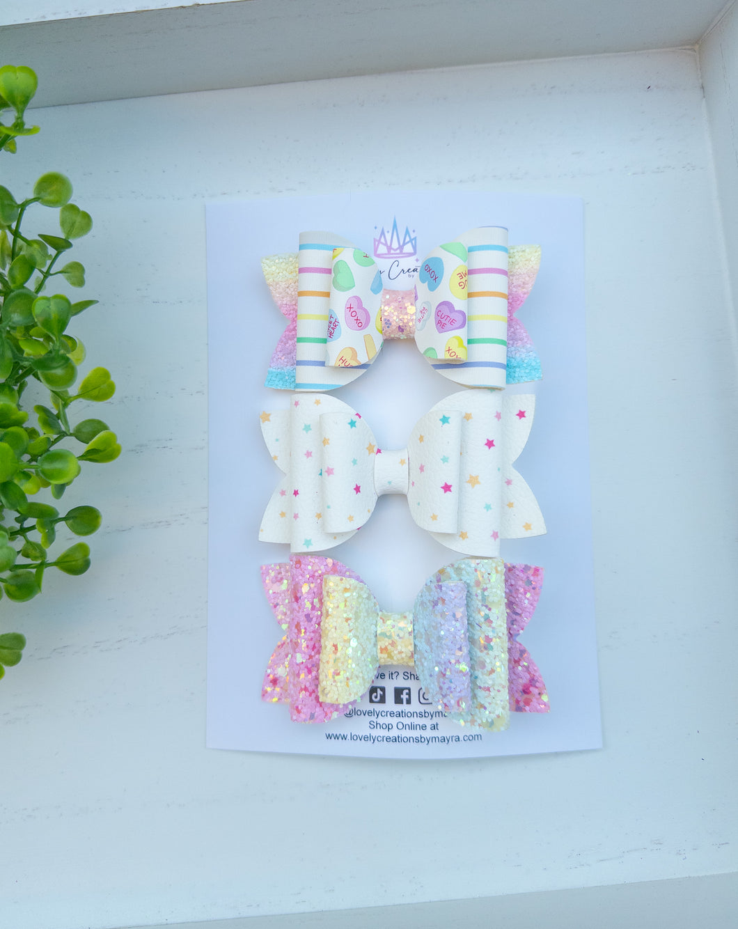 Faux Leather Beauty Bows | Valentine Rainbow Medium Set of 3