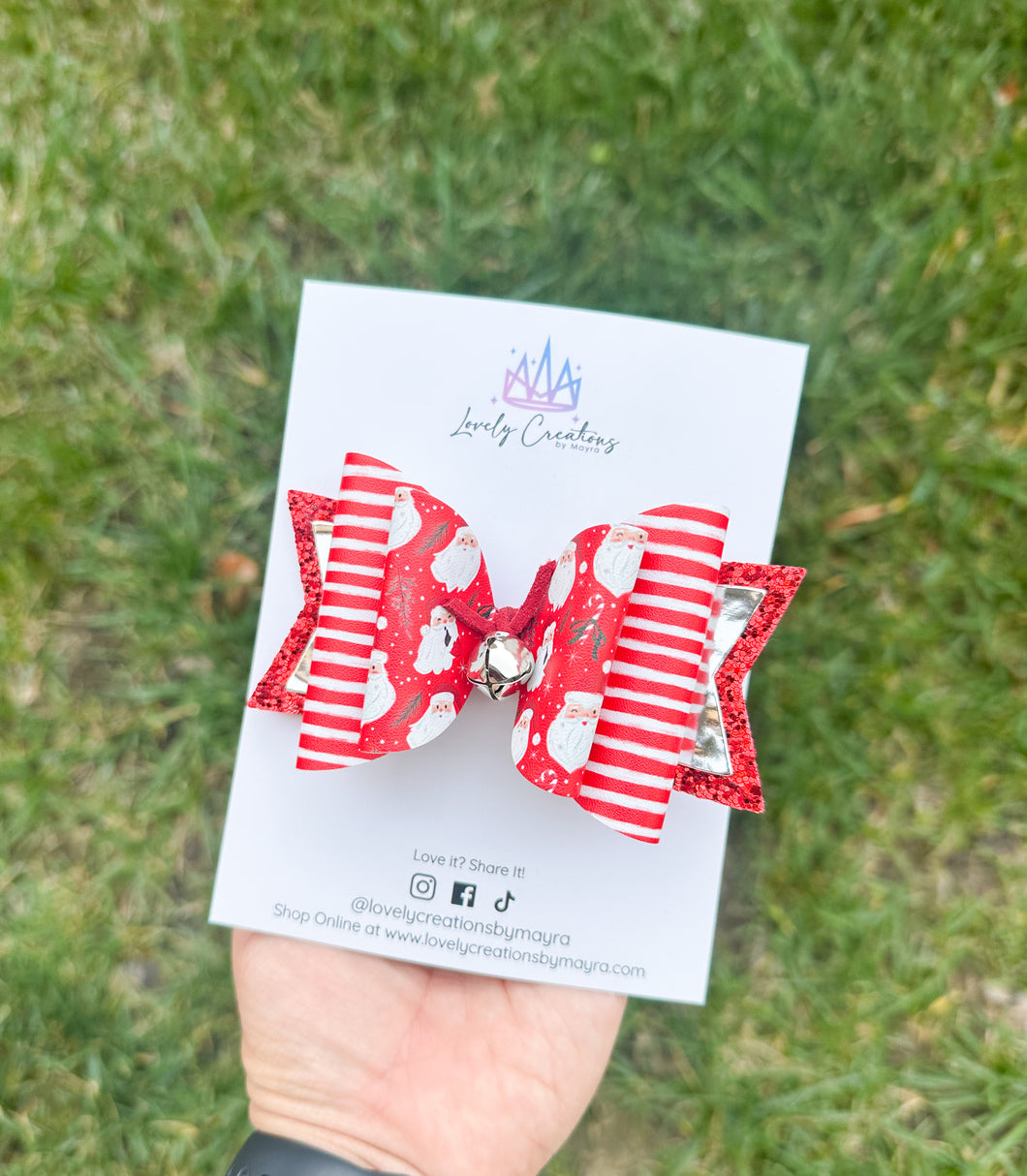 Faux Leather Hair Bow | Santa W/ Red and White Stripes Hair Bow