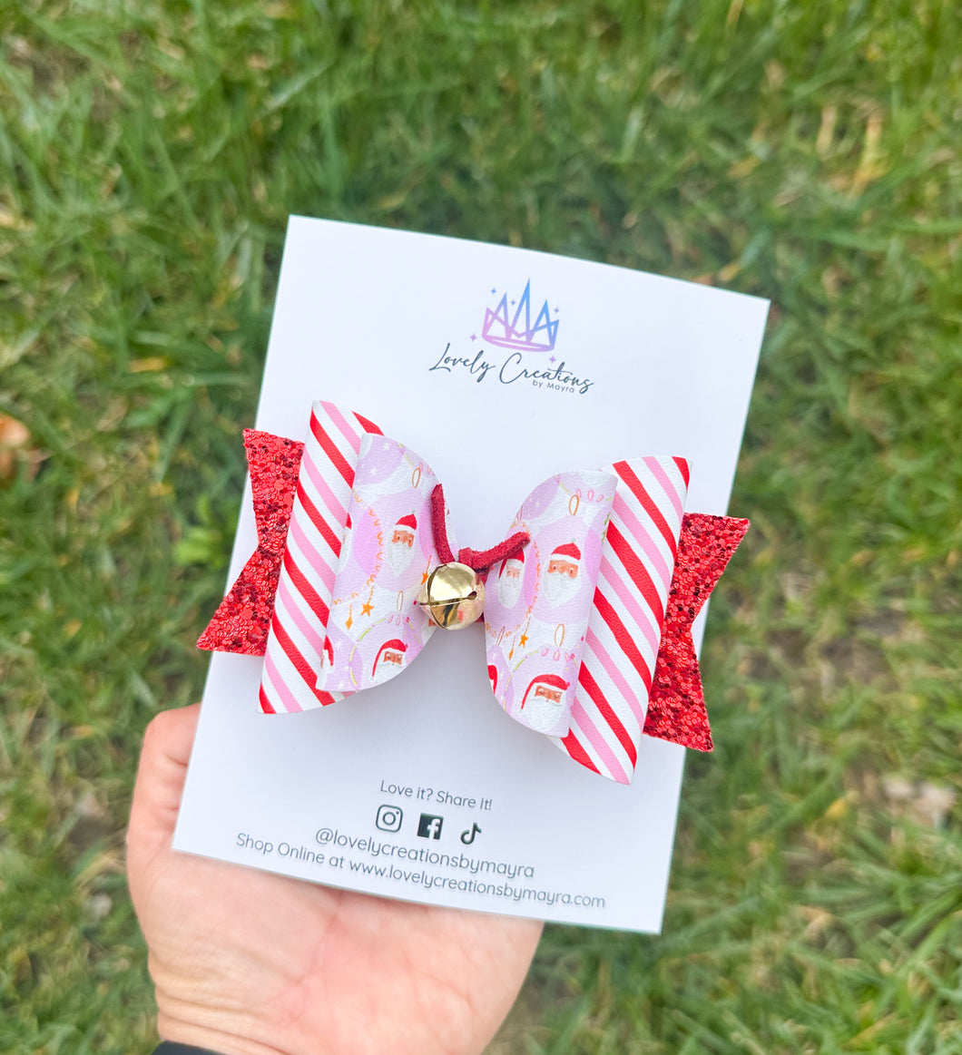 Faux Leather Hair Bow | Santa W/ Red and Pink Stripes Hair Bow