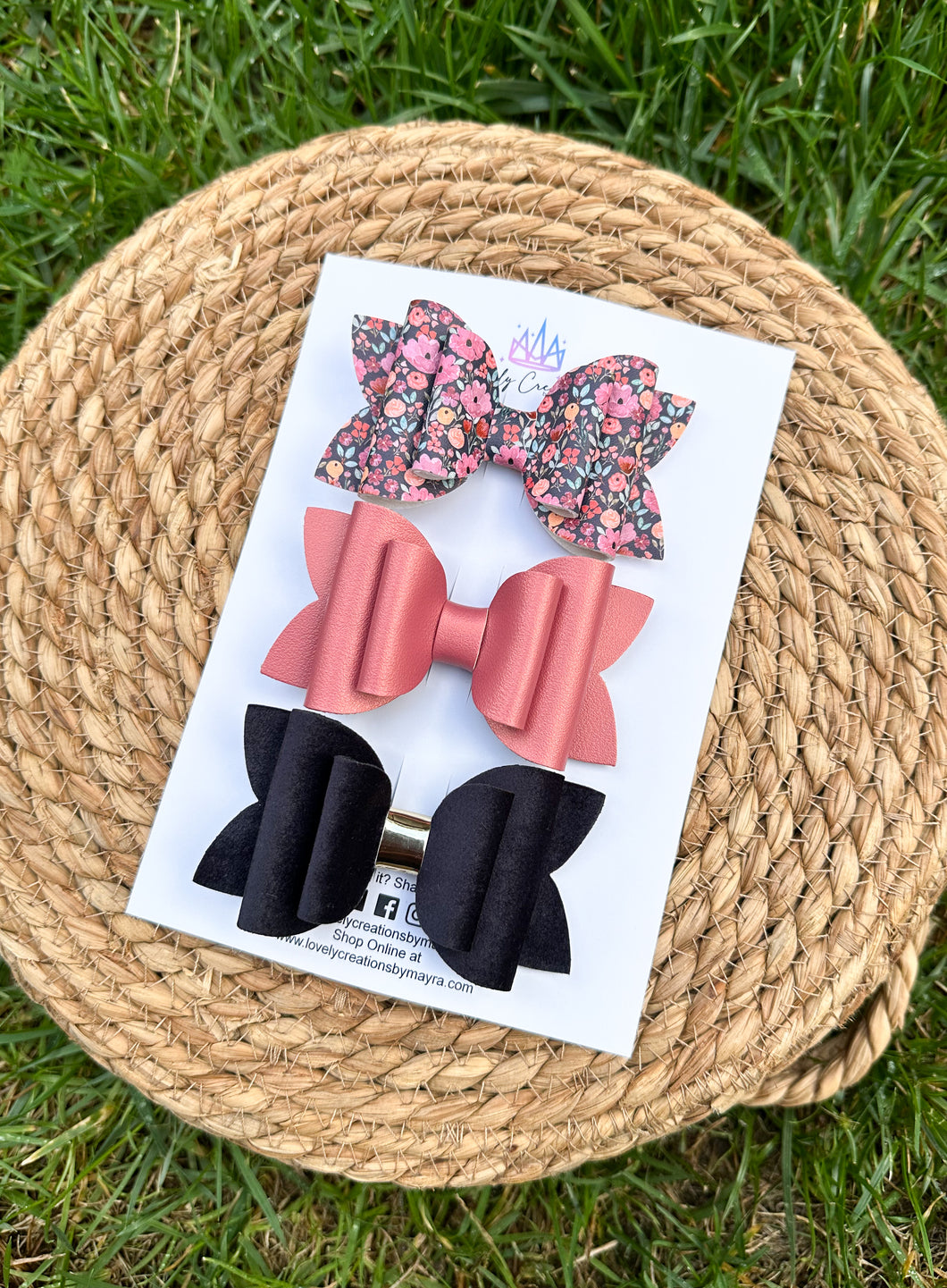 Faux Leather Beauty Bows | Fall Hair Navy and Blush Pink Floral Set of 3