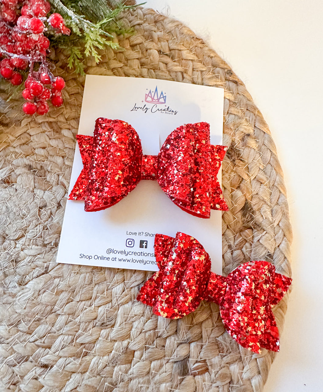 Glitter Hair Bow | Red with Gold Stars