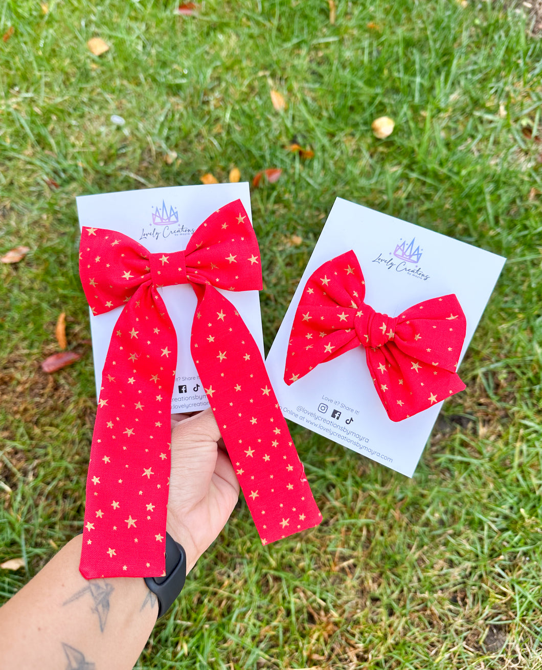 Cotton Hair Bow | Red with Golden Stars